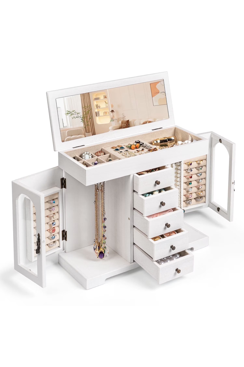 Wooden Jewelry Organizer Cabinet with Mirror, Alternate, color, White