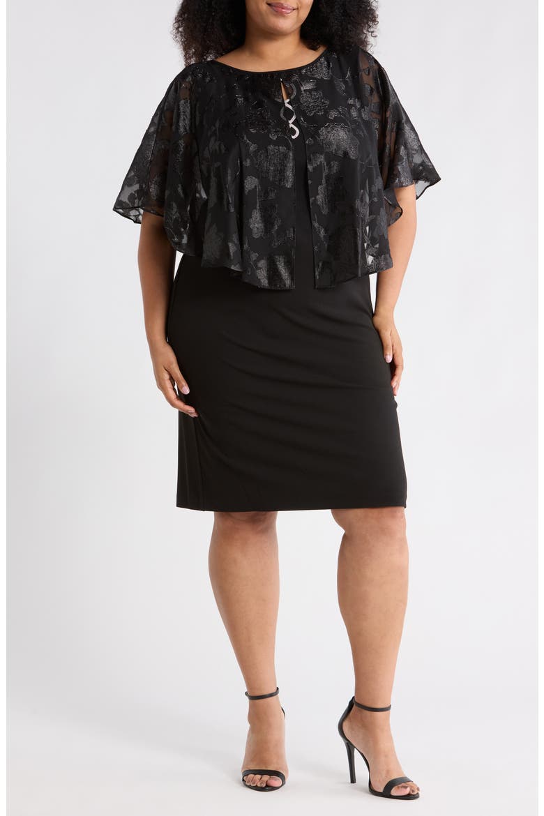 Metallic Burnout Jacquard Cape Cocktail Dress, Main, color, BLACK