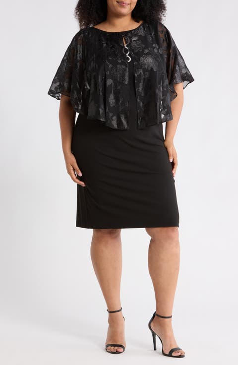 Metallic Burnout Jacquard Cape Cocktail Dress (Plus)