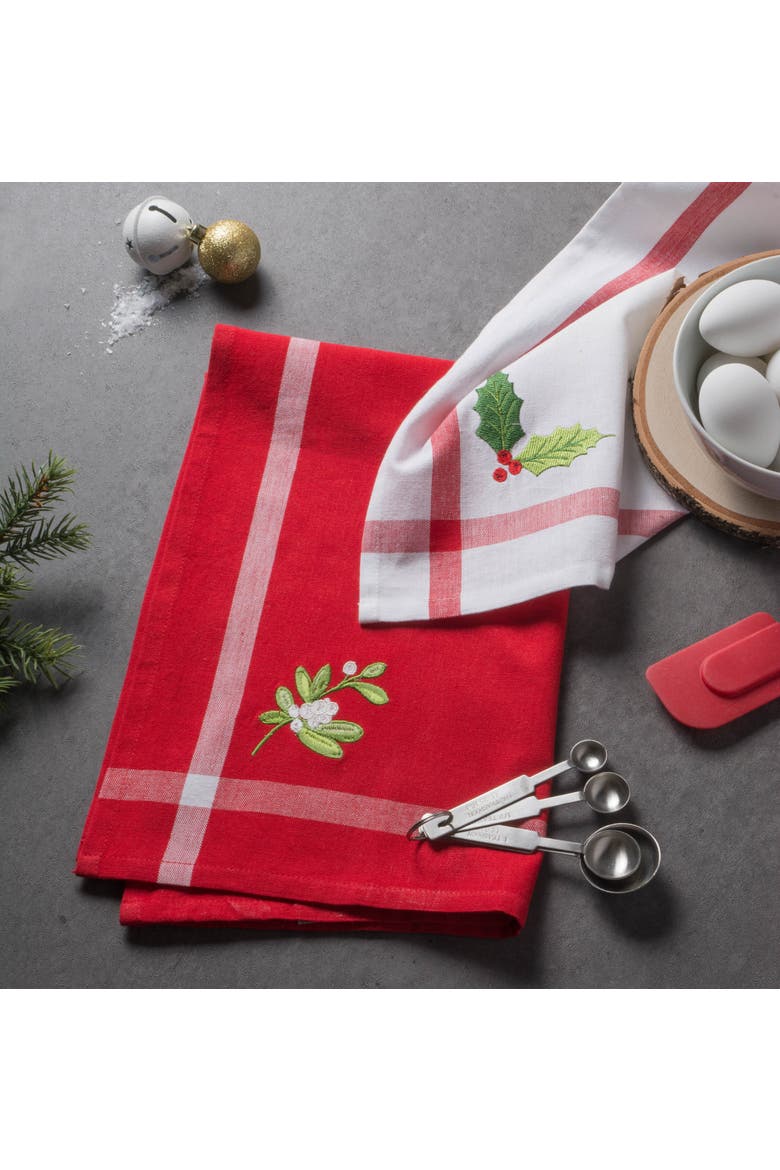 Holly & Mistletoe Holiday Embroidered Dishtowel Set/2, Alternate, color, Red/White Stripe
