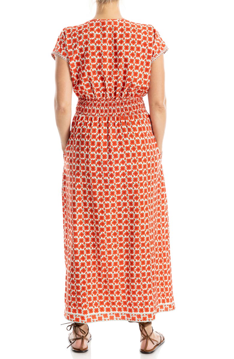 MAX STUDIO Cap Sleeve Tucked Waist Maxi Dress, Alternate, color, Cream/ Papaya Poppy Buds