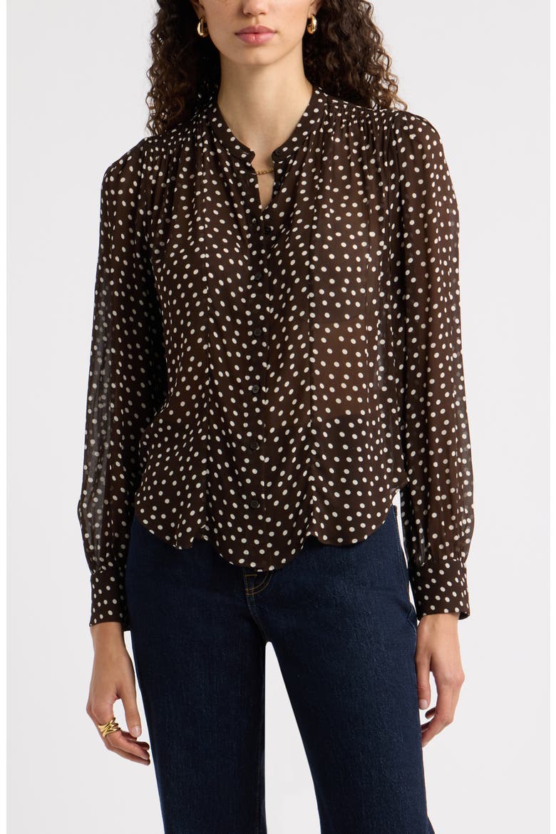 Shirred Chiffon Shirt, Main, color, BROWN M-IVORY QUYNH DOT
