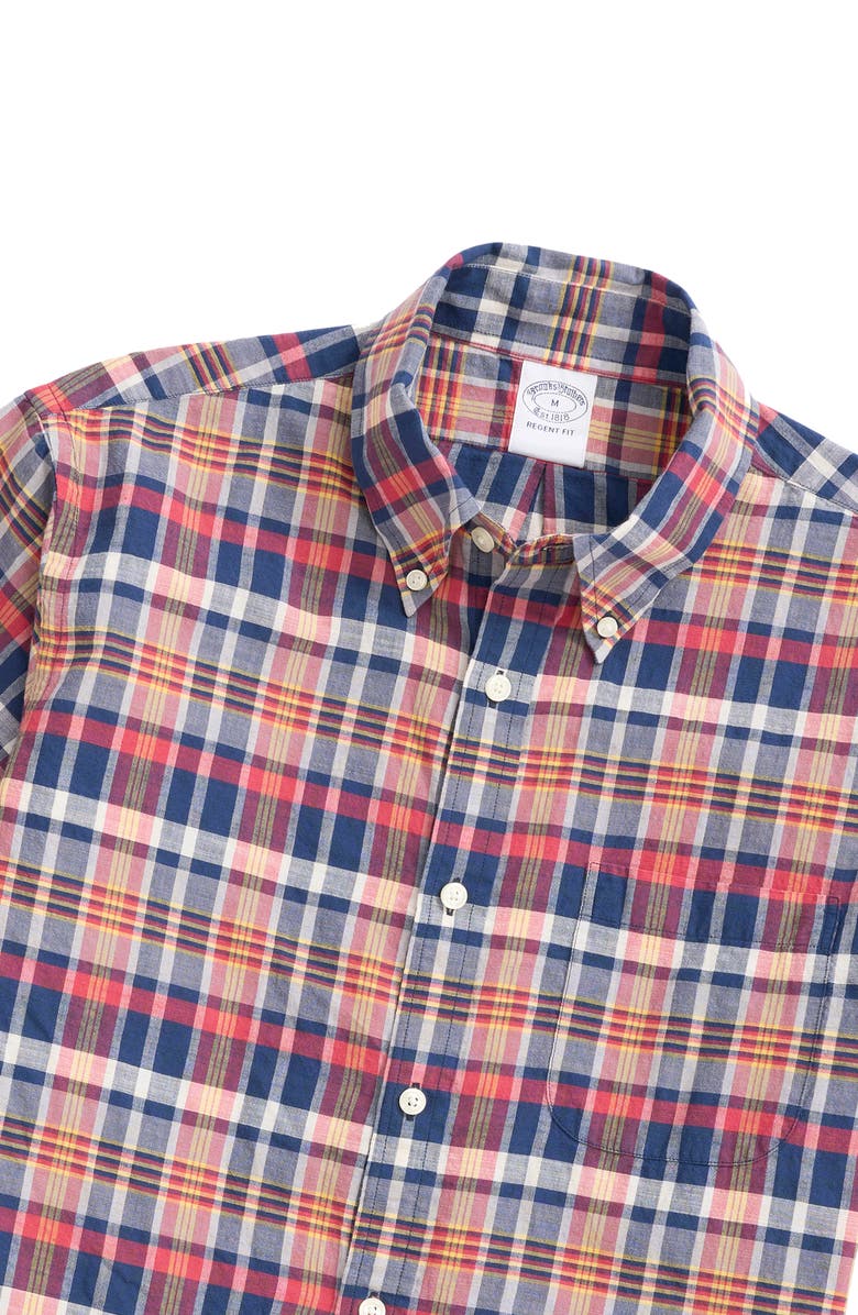 Brooks Brothers Regent Fit Plaid Short Sleeve Madras Button-Down Shirt, Alternate, color, 