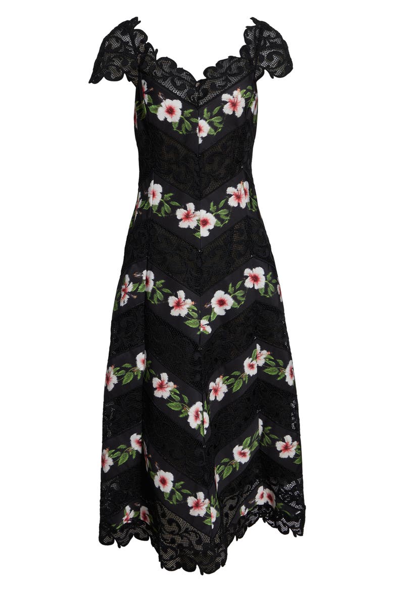 Chiné Hibiscus Stripe Faille Midi Dress, Alternate, color, BLACK