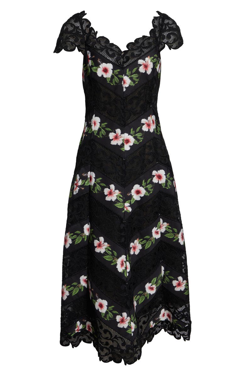 Oscar de la Renta Chiné Hibiscus Stripe Faille Midi Dress, Main, color, Black