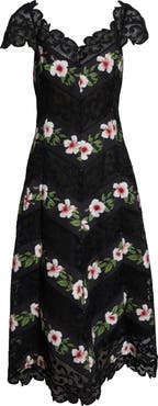Oscar de la Renta Chiné Hibiscus Stripe Faille Midi Dress