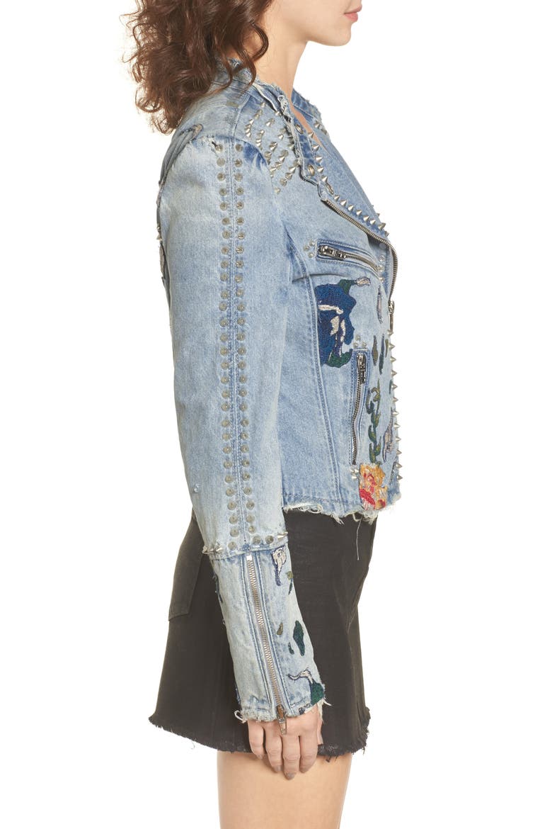 Sea of Flowers Studded Denim Moto Jacket, Alternate, color, DENIM BLUE