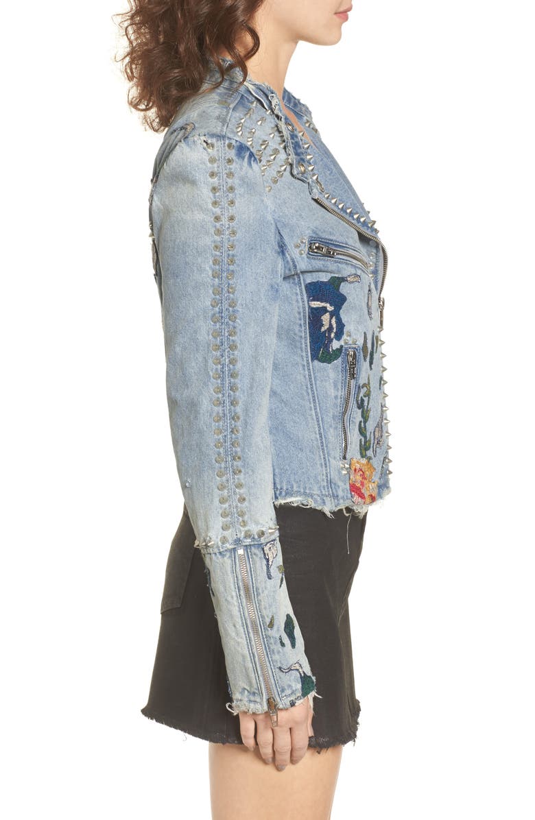 BLANKNYC Sea of Flowers Studded Denim Moto Jacket, Alternate, color, 