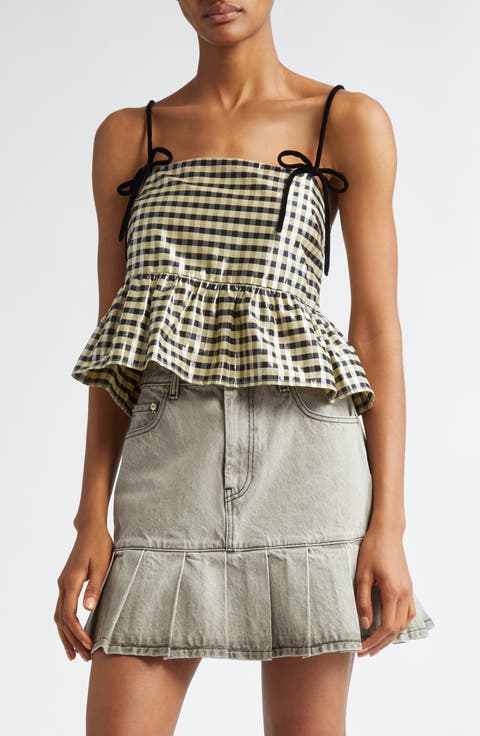 Shiny Check Print Peplum Top