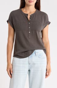 Lucky Brand Mixed Media Short Sleeve Cotton Henley Top