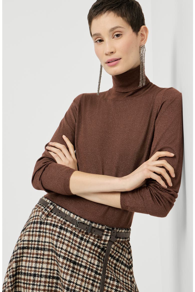 Sparkling cashmere and silk lightweight turtleneck sweater, Alternate, color, Brown