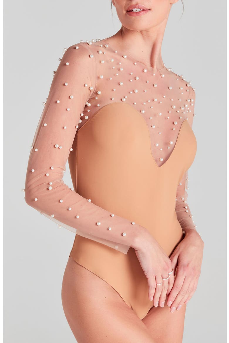 Hettie Faux Pearl Illusion Neck Bodysuit, Alternate, color, WHITE