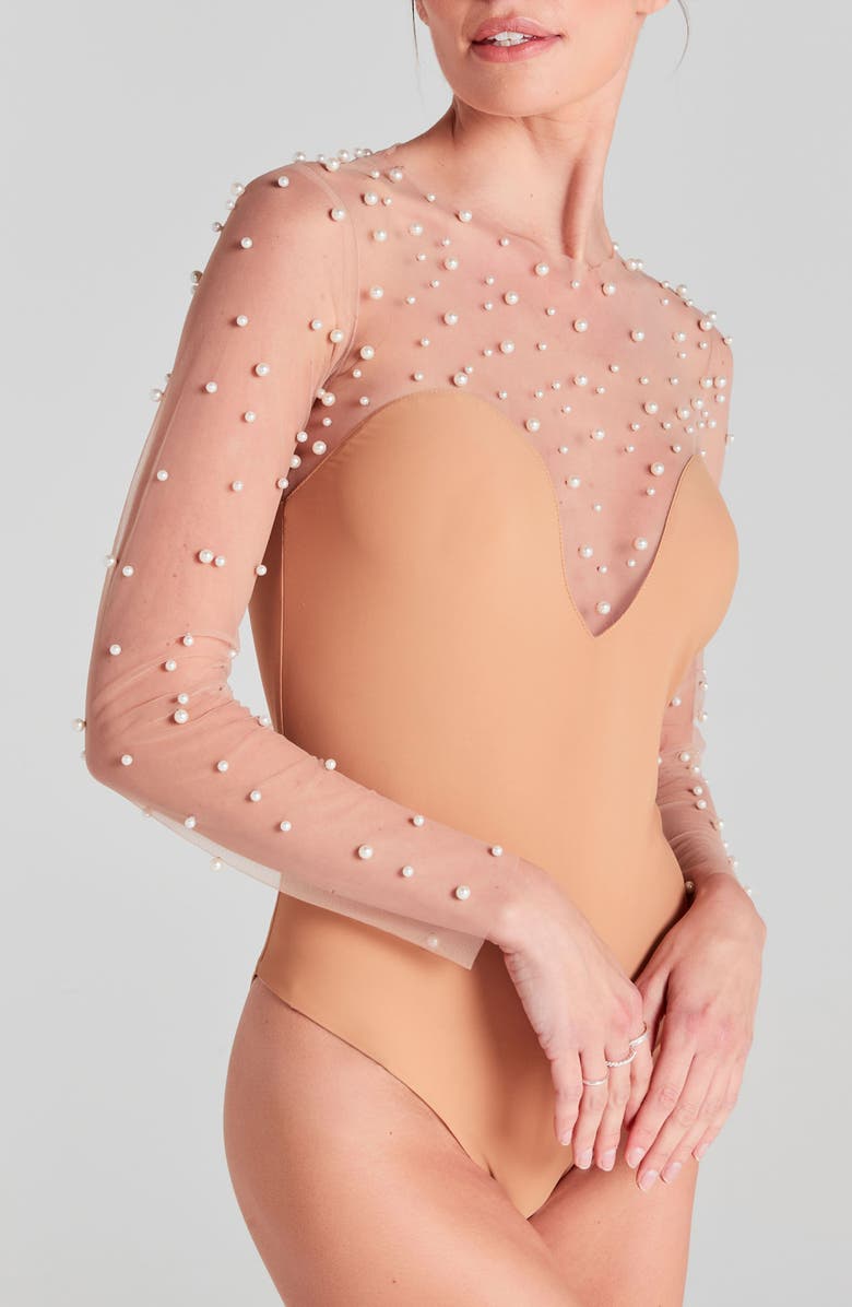 NADINE MERABI Hettie Faux Pearl Illusion Neck Bodysuit, Alternate, color, White