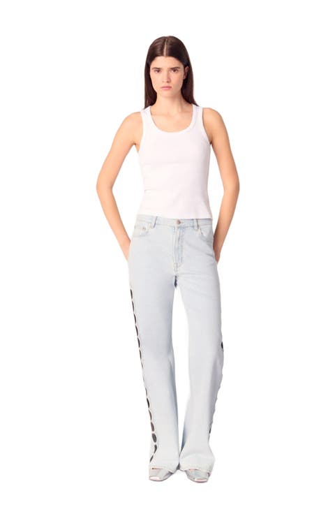 Wide-leg rhinestone cutaway jeans