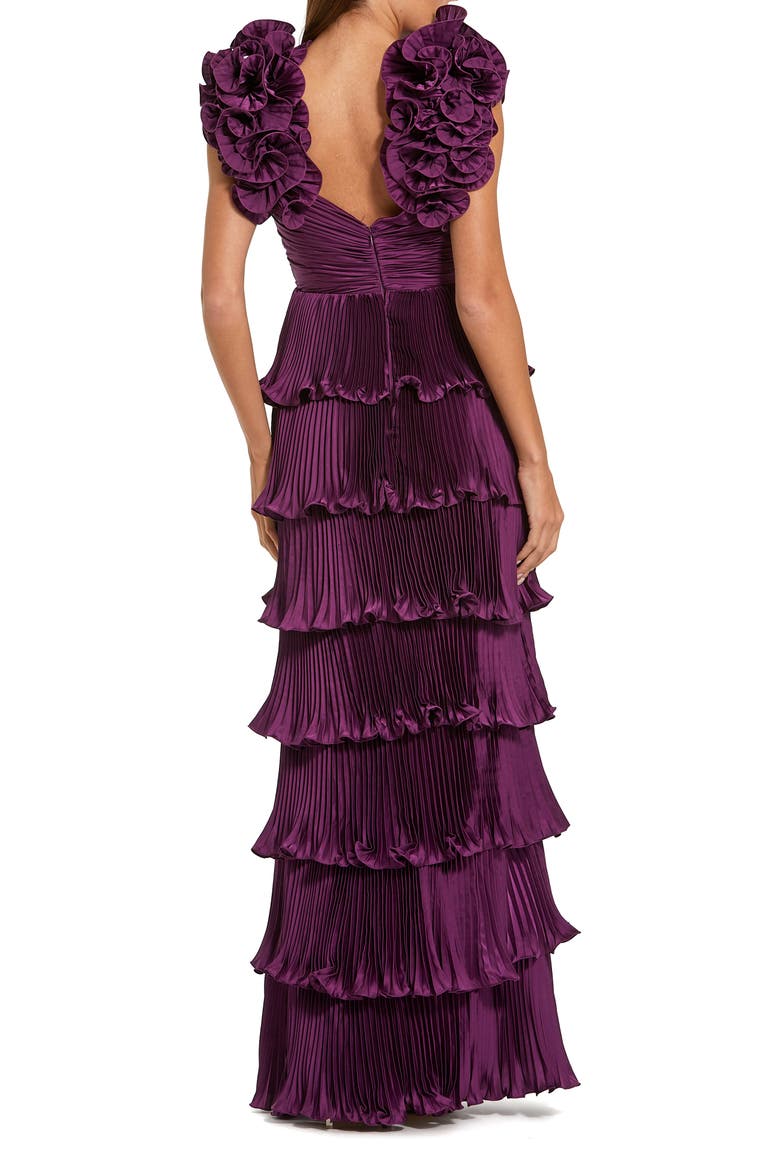 Pleated Charmeuse Tiered Gown With Ruffle Straps, Alternate, color, Aubergine