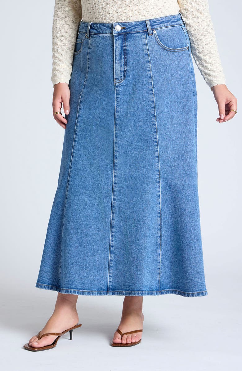 ELOQUII Paneled Denim Maxi Skirt, Main, color, 