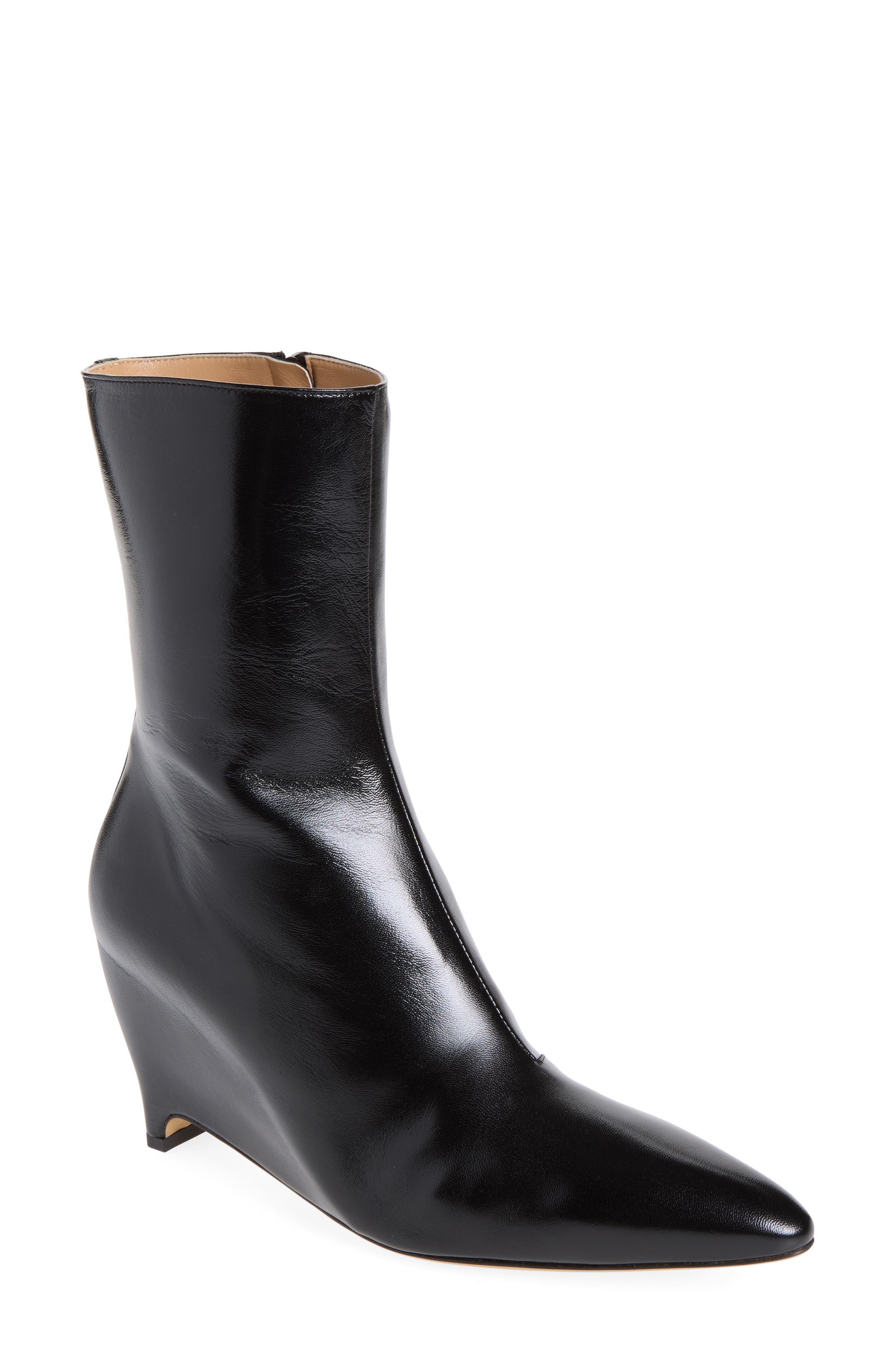 Heel Less Pointed Toe Wedge Ankle Boot, Main, color, BLACK