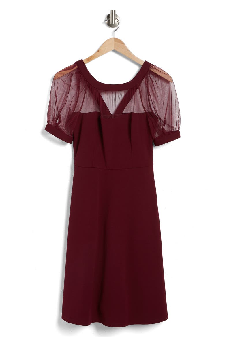 Mesh Illusion Short Sleeve Dress, Alternate, color, ARRESTING BURGUNDY