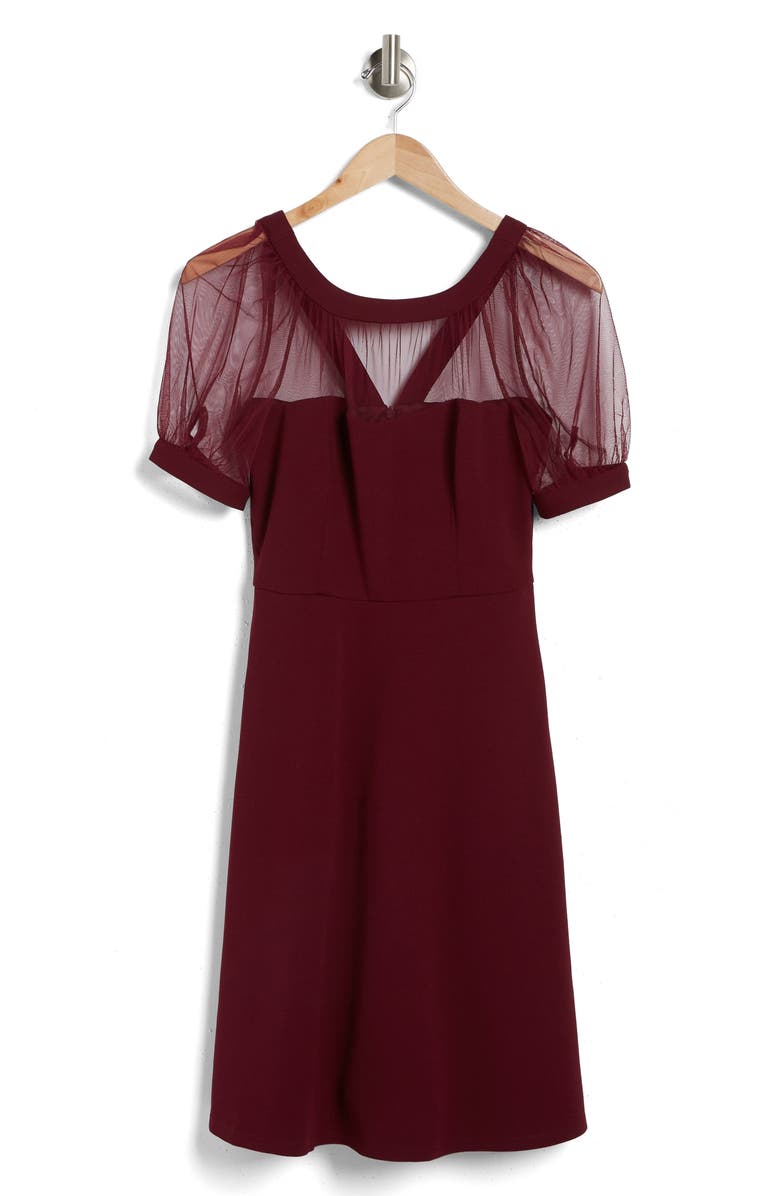 Maggy London Mesh Illusion Short Sleeve Dress, Alternate, color, Arresting Burgundy