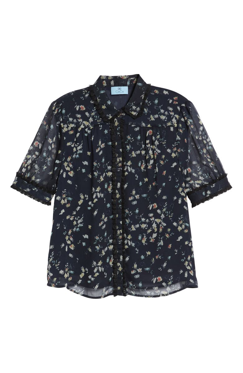 CeCe Floral Print Ruffle Trim Shirt, Alternate, color, 