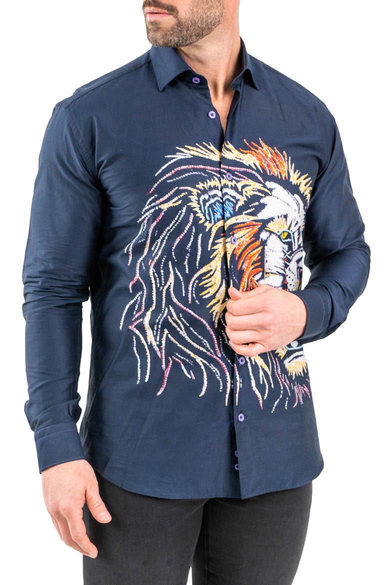 Fibonacci Lion Embroidered Contemporary Fit Button-Up Shirt, Alternate, color, BLUE