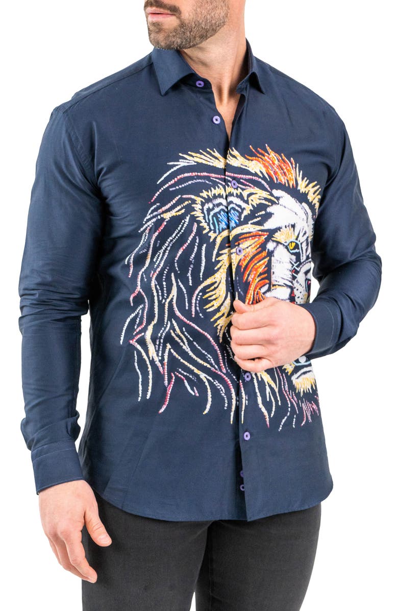 Maceoo Fibonacci Lion Embroidered Contemporary Fit Button-Up Shirt, Alternate, color, Blue