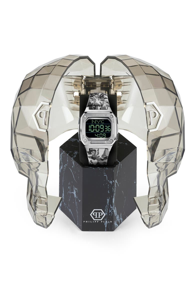 Hyper $hock Square Silicone Strap Watch, 44mm, Alternate, color, STAINLESS STEEL