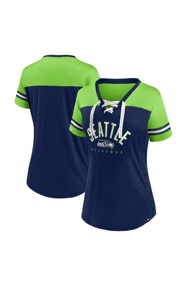 FANATICS Women's Fanatics College Navy/Neon Green Seattle Seahawks Blitz & Glam Lace-Up V-Neck Jersey T-Shirt, Main, color, Navy