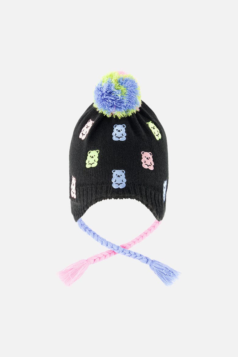 Winter Peruvian Gummy Bear Fleece-Lined Pompom Knit Hat, Alternate, color, Black, Pink, Blue and Green