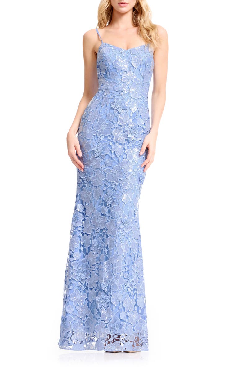 Dress the Population Giovanna Sequin Floral Lace Mermaid Gown, Main, color, Sky