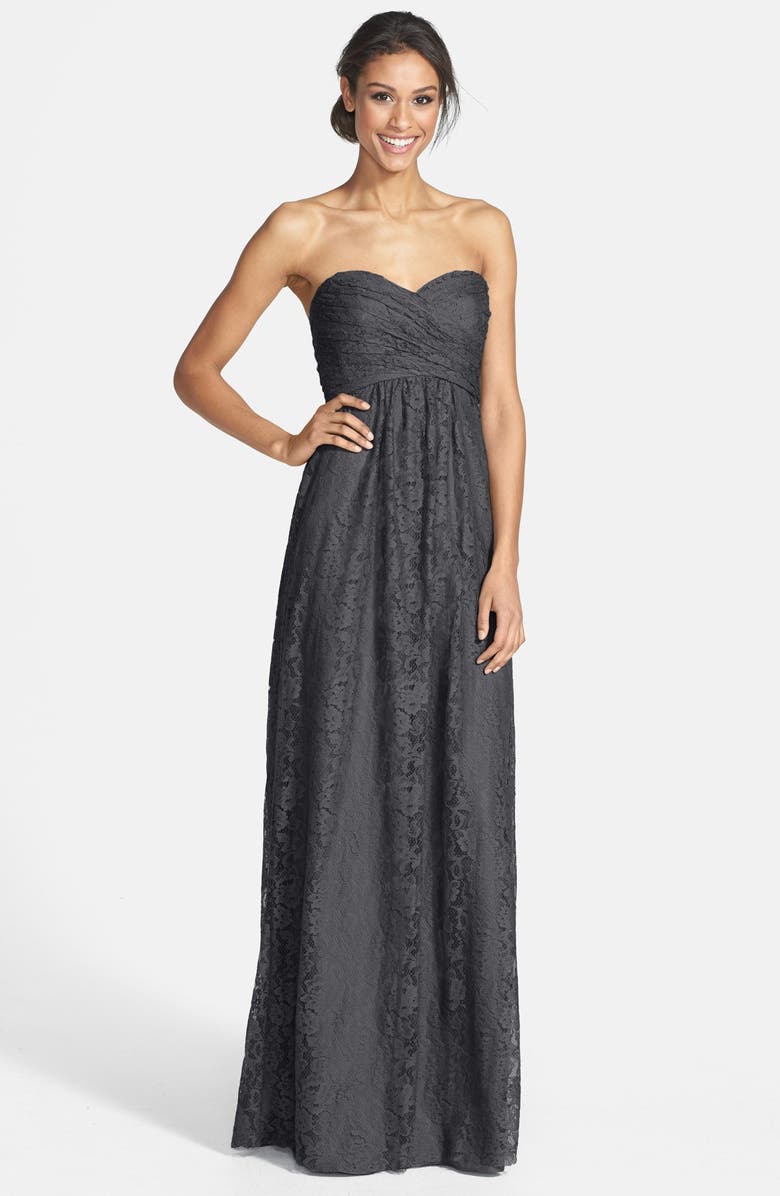Amsale Pleated Lace Sweetheart Strapless Gown, Main, color, 