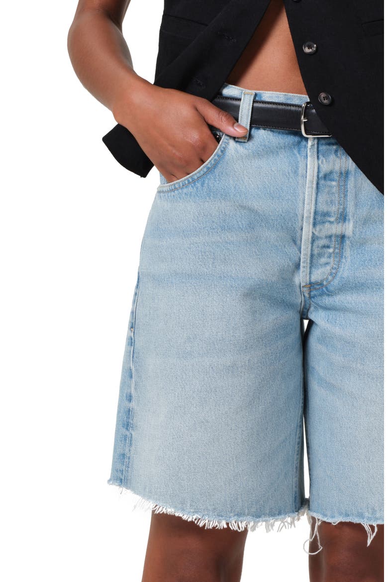 Ayla Distressed High Waist Cutoff Denim Bermuda Shorts, Alternate, color, BIANCA