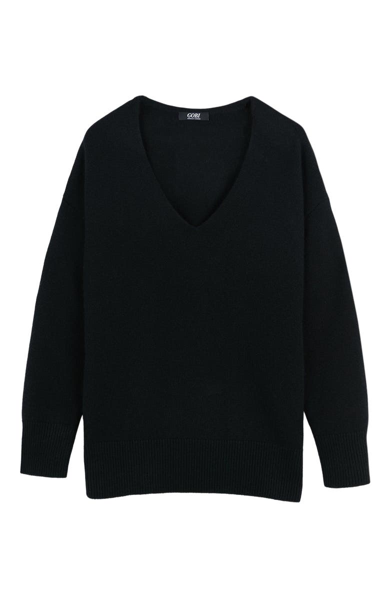GOBI Mongolian Cashmere Relaxed-Fit Cashmere V-Neck Sweater, Alternate, color, Black
