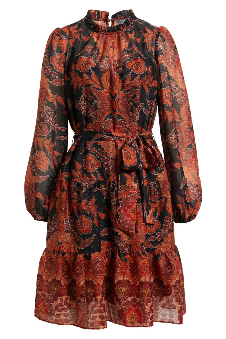 Metallic Paisley Ruffle Long Sleeve Dress, Alternate, color, BLACK MULTI