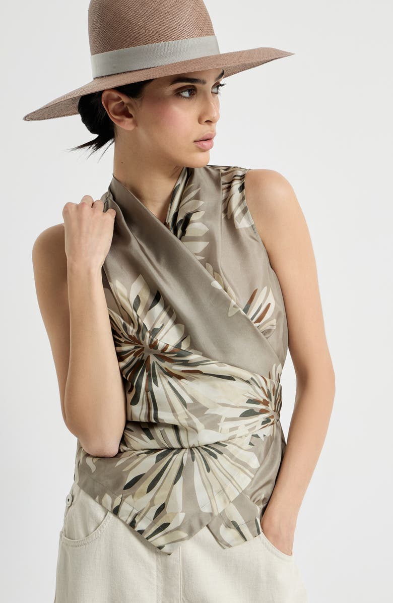 Brunello Cucinelli Bloom print pongee vest, Alternate, color, Khaki