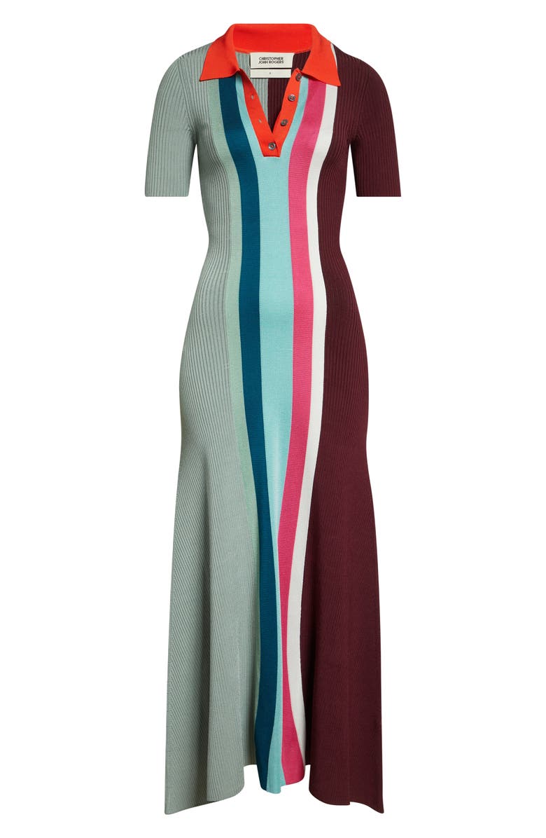 Christopher John Rogers Bowling Colorblock Stripe Rib Polo Sweater Dress, Alternate, color, Sage Multi