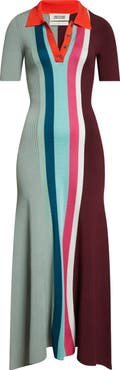 Christopher John Rogers Bowling Colorblock Stripe Rib Polo Sweater Dress