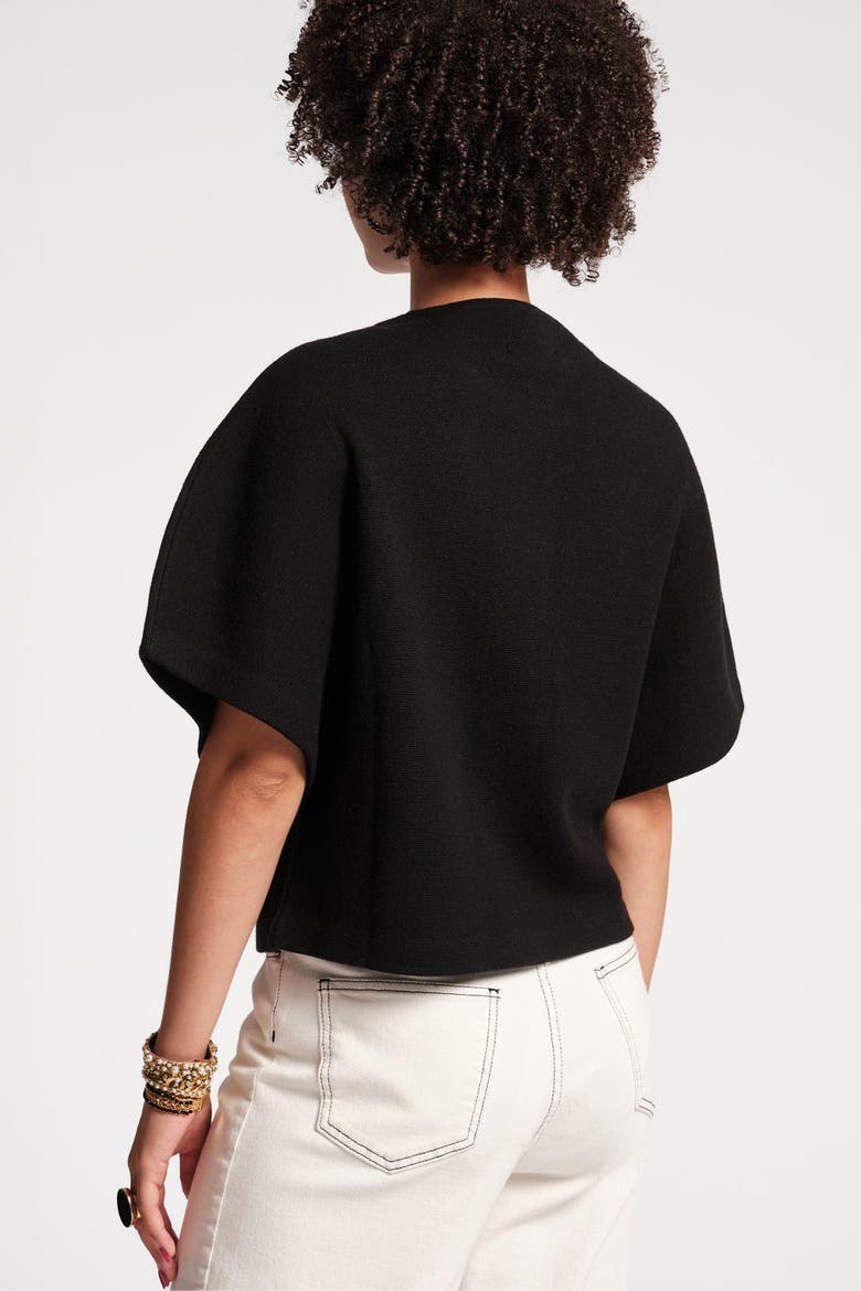 Carnegie Shrug Solid w/Floral Button 100% Merino Wool, Alternate, color, Black
