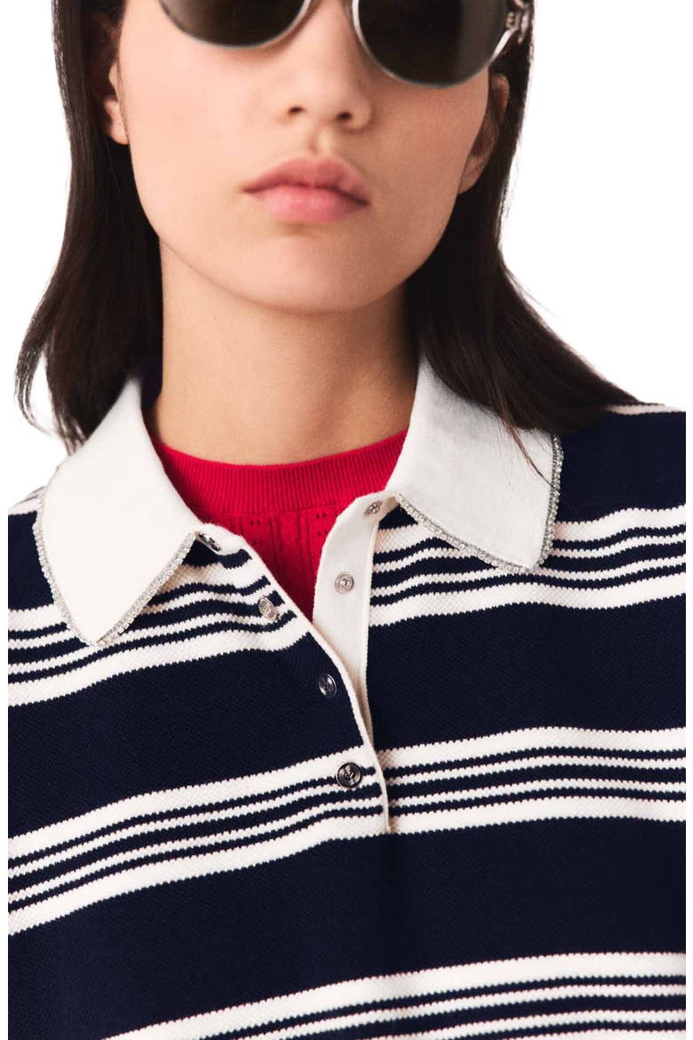 Striped polo with rhinestone collar, Alternate, color, Ecru/navy blue