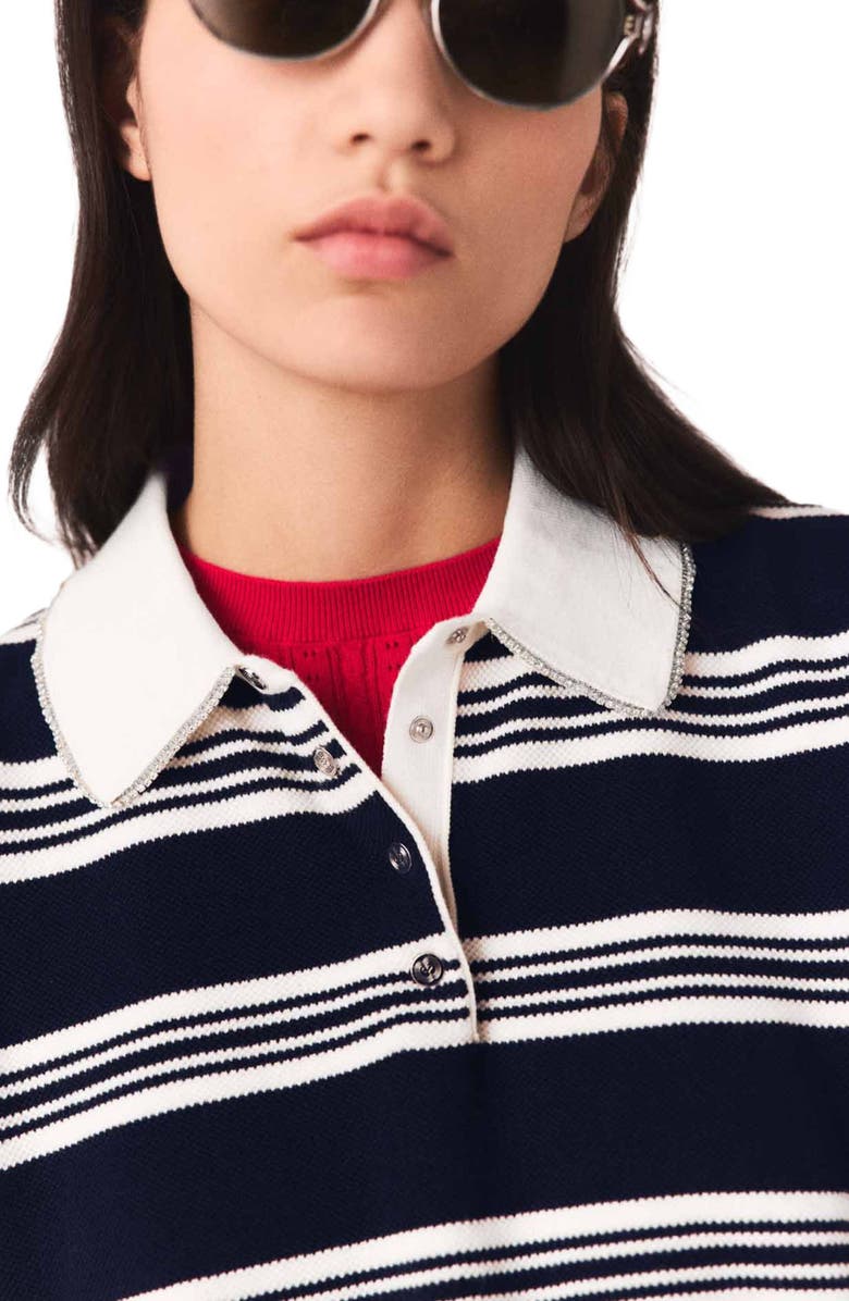 maje Striped polo with rhinestone collar, Alternate, color, Ecru/Navy Blue