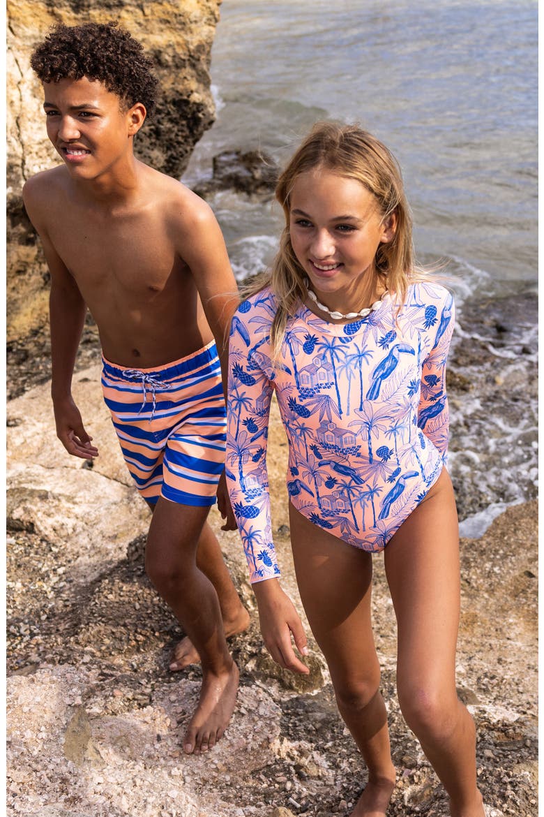 Kids' Tropicana Stripe Swim Trunks, Alternate, color, ORANGE / BLUE