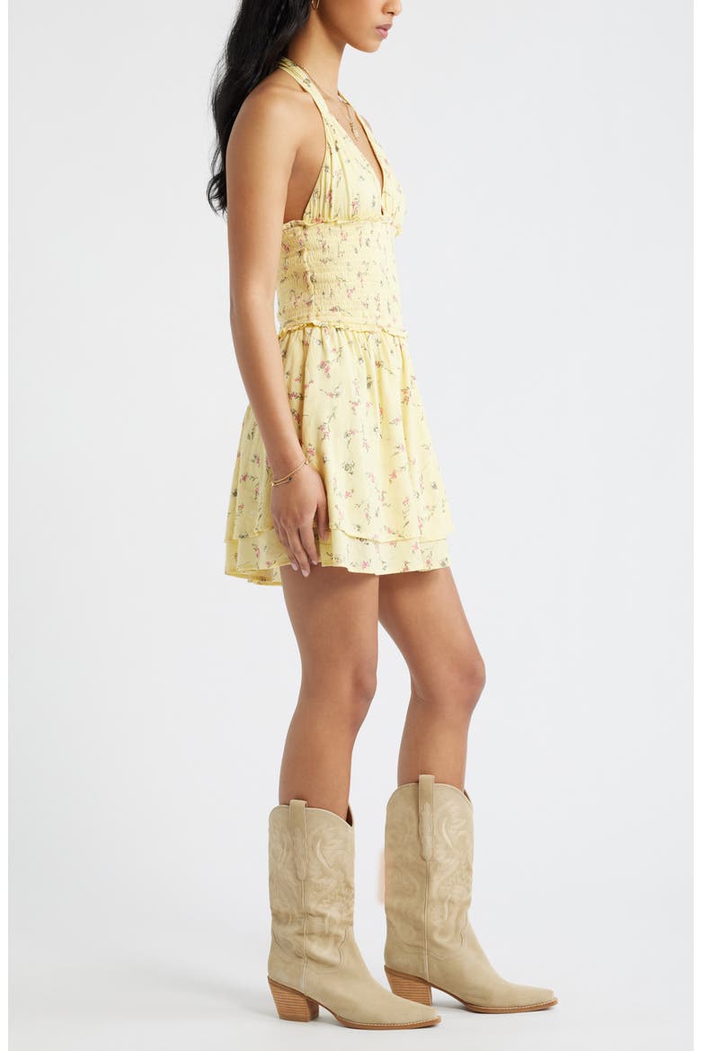 Tie Back Halter Cotton Blend Minidress, Alternate, color, YELLOW- OLIVE MEREDITH BLOOMS