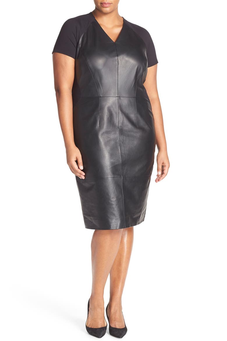 V-Neck Leather & Ponte Sheath Dress, Main, color, BLACK