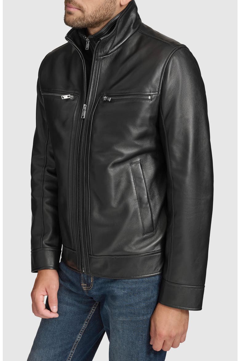 Leather Moto Jacket with Attached Bib, Alternate, color, BLACK
