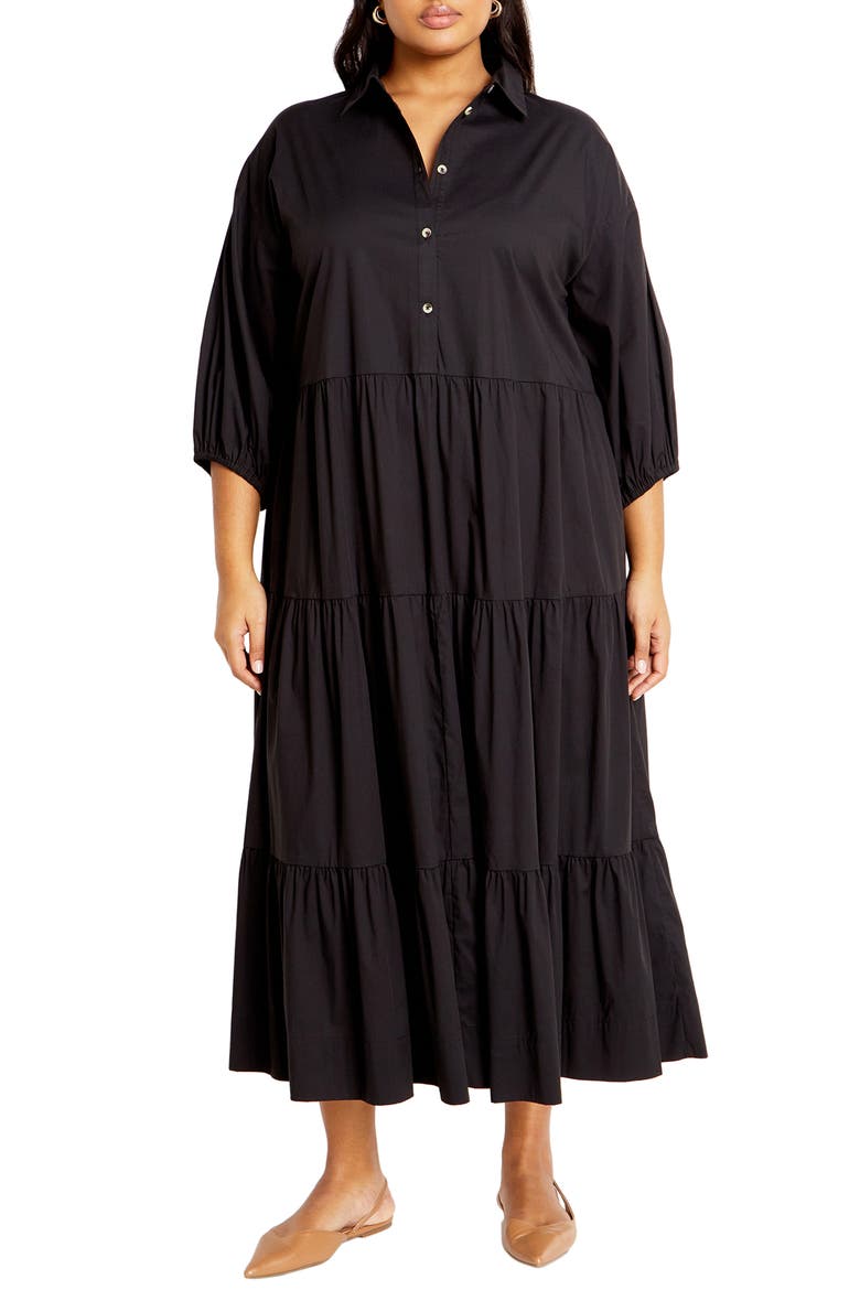 Kara Tiered Shirtdress, Main, color, BLACK