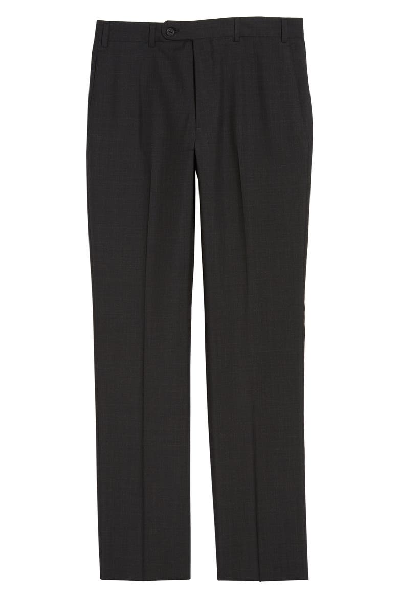 Torino Flat Front Solid Wool Trousers, Main, color, BLACK CAVIAR MICRO GRID
