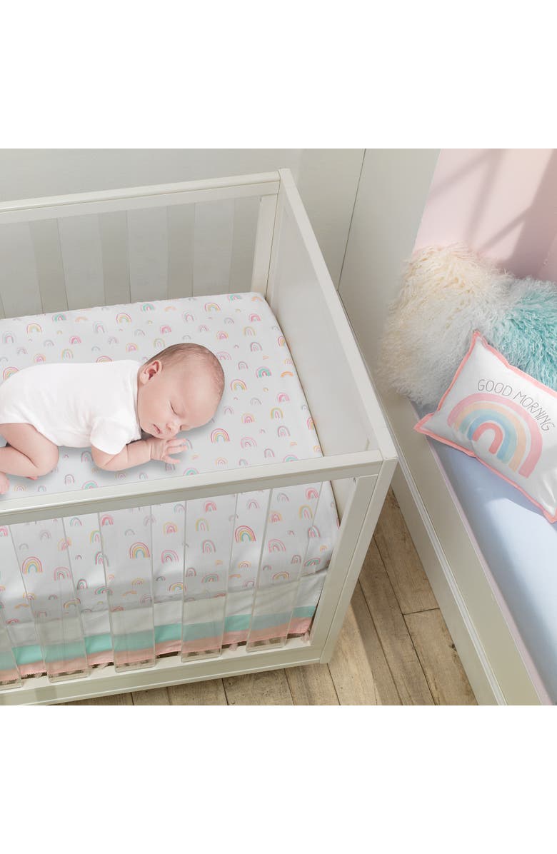 Lambs & Ivy Watercolor Pastel Rainbow 100% Cotton Baby Fitted Crib Sheet, Alternate, color, White Multi