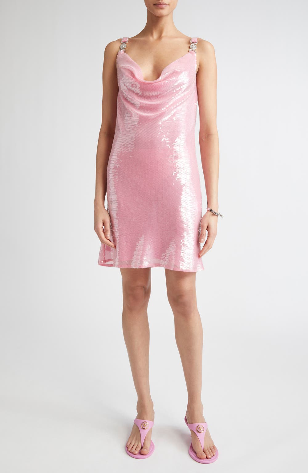 Medusa Strap Silk Chiffon Sequin Cocktail Dress, color, GUAVA