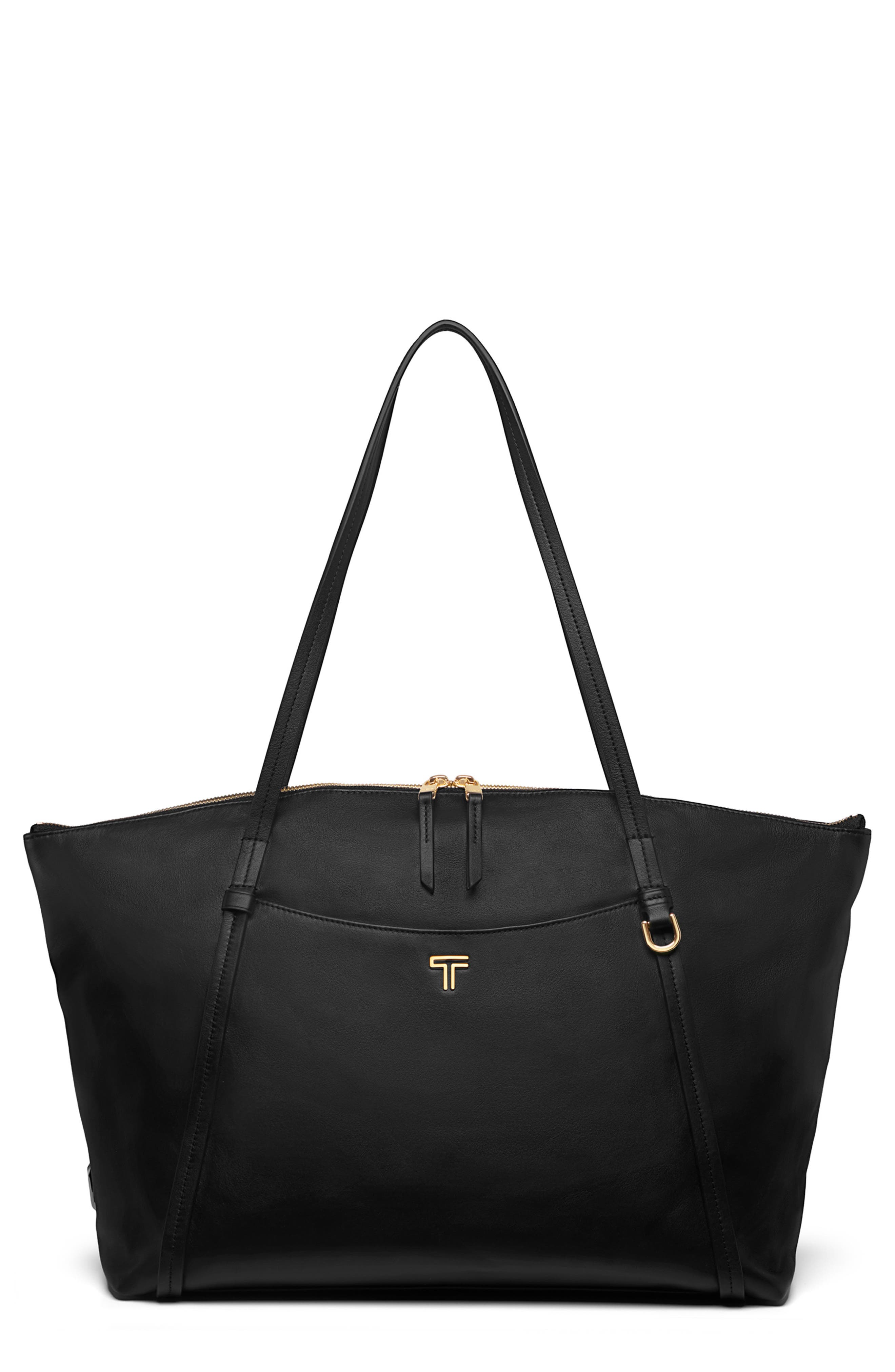 Q Leather Tote, Main, color, BLACK/ LIGHT GOLD