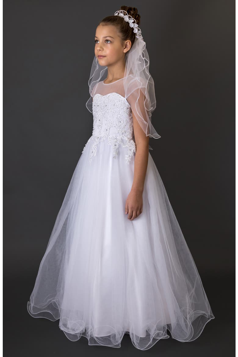 Beaded Cap Sleeve First Communion Dress, Alternate, color, WHITE